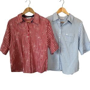 Lot 2 Vintage Allison Daley Gingham Button Up Blouses XL Red & Blue Retro Check
